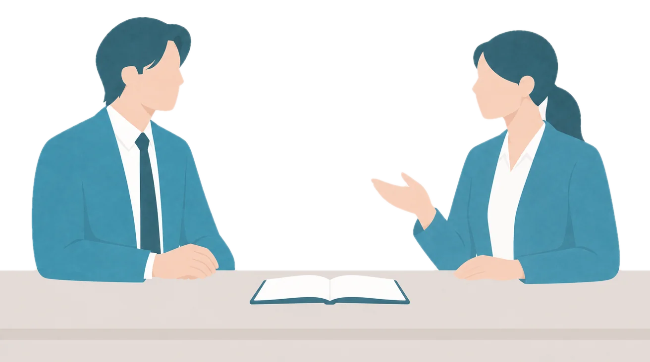 産業医が、机をはさんで人事担当者の話を聞いているイラスト