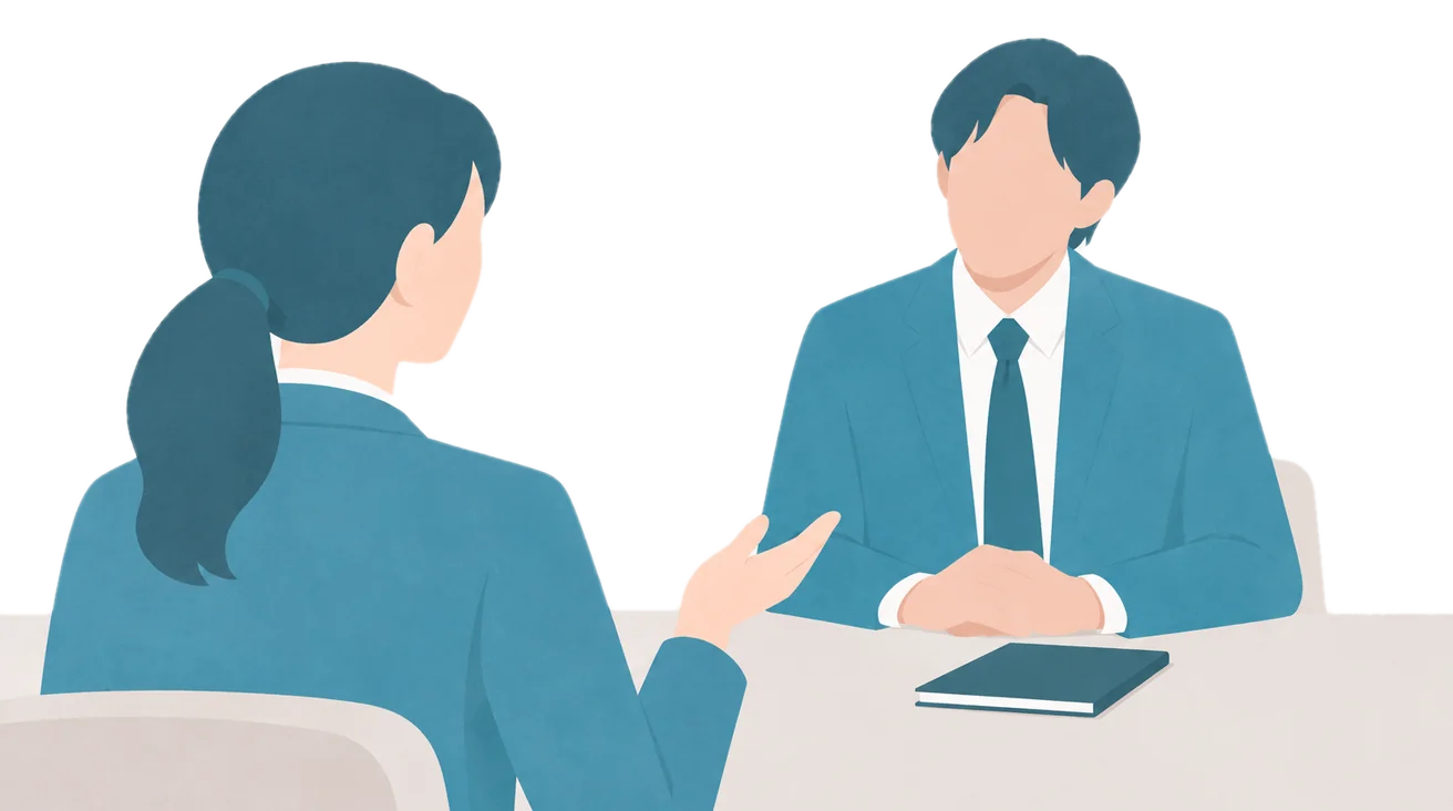産業医が、机をはさんで人事担当者の話を聞いているイラスト