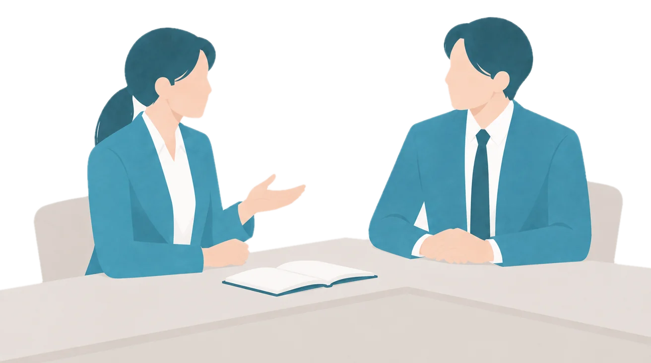 産業医が、机をはさんで人事担当者の話を聞いているイラスト
